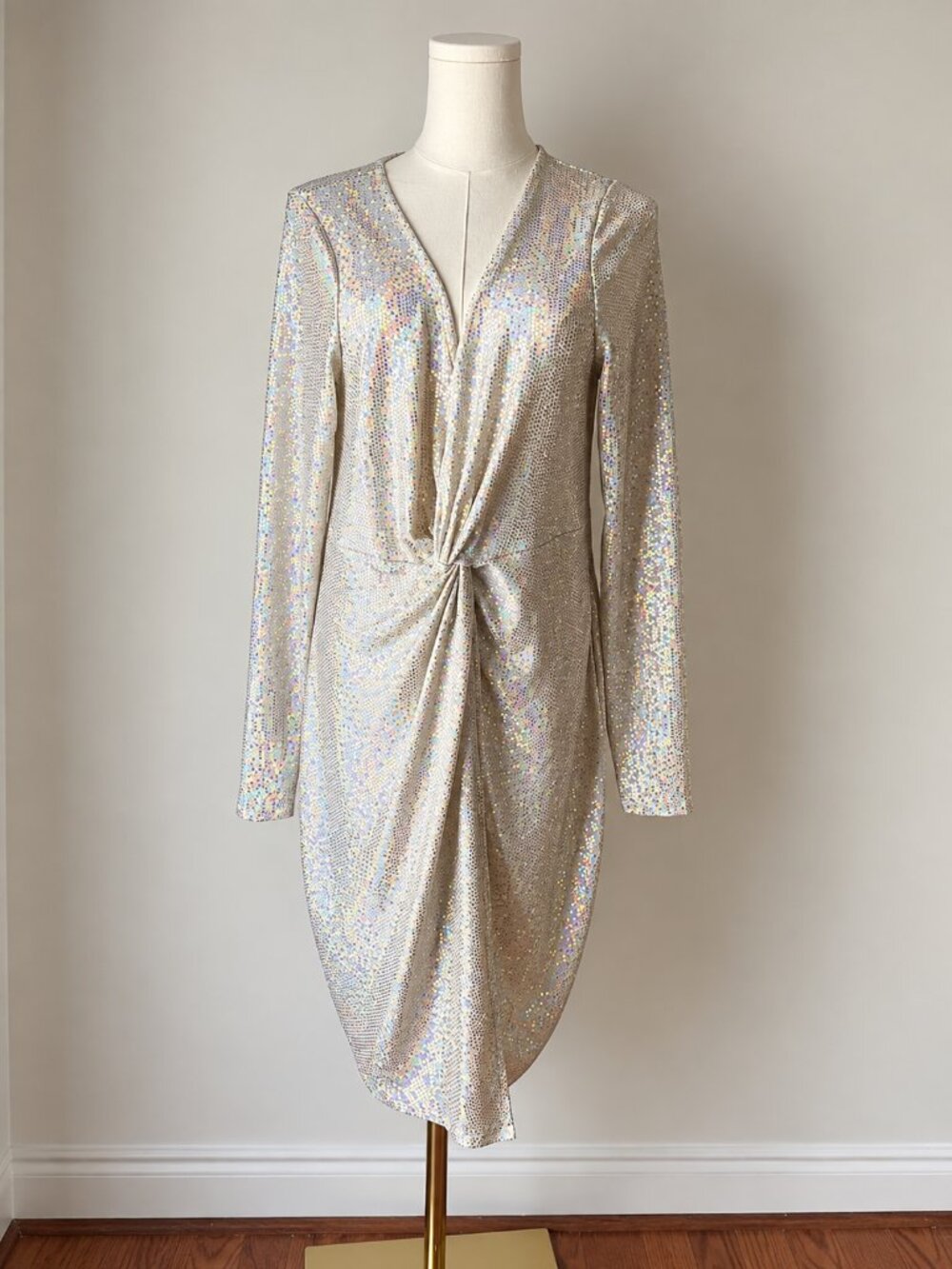 Curvy Sense 1X Silver Sequin Twist Front Long Sleeve Dress | Disco NYE Holiday